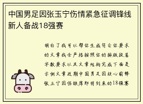 中国男足因张玉宁伤情紧急征调锋线新人备战18强赛