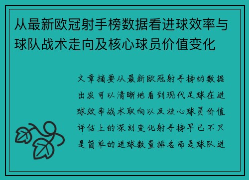 从最新欧冠射手榜数据看进球效率与球队战术走向及核心球员价值变化