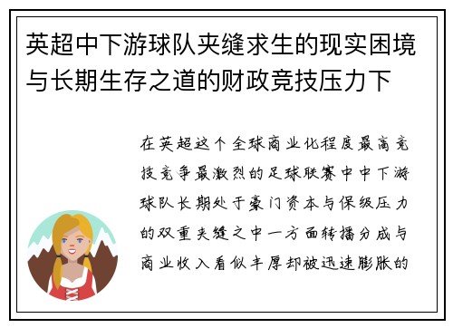 英超中下游球队夹缝求生的现实困境与长期生存之道的财政竞技压力下