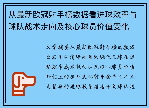从最新欧冠射手榜数据看进球效率与球队战术走向及核心球员价值变化